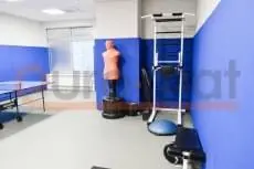 Синие стеновые протекторы в зале единоборств с боксёрским манекеном и тренажёрами