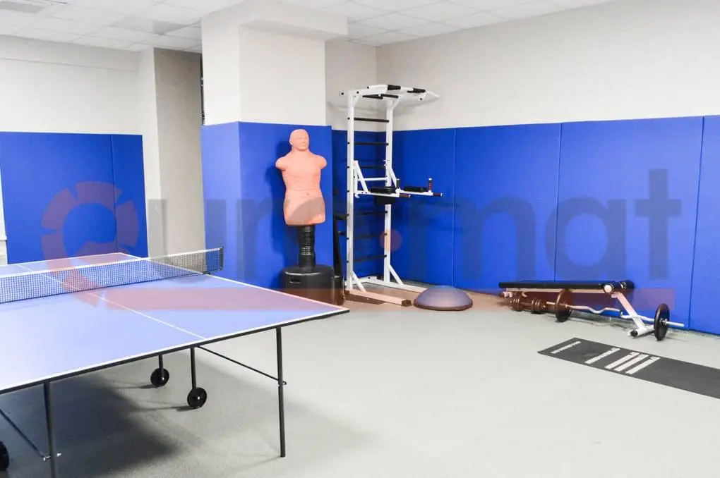 Синие стеновые протекторы в зале единоборств, теннисный стол и силовые тренажёры