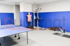 Синие стеновые протекторы в зале единоборств, теннисный стол и силовые тренажёры