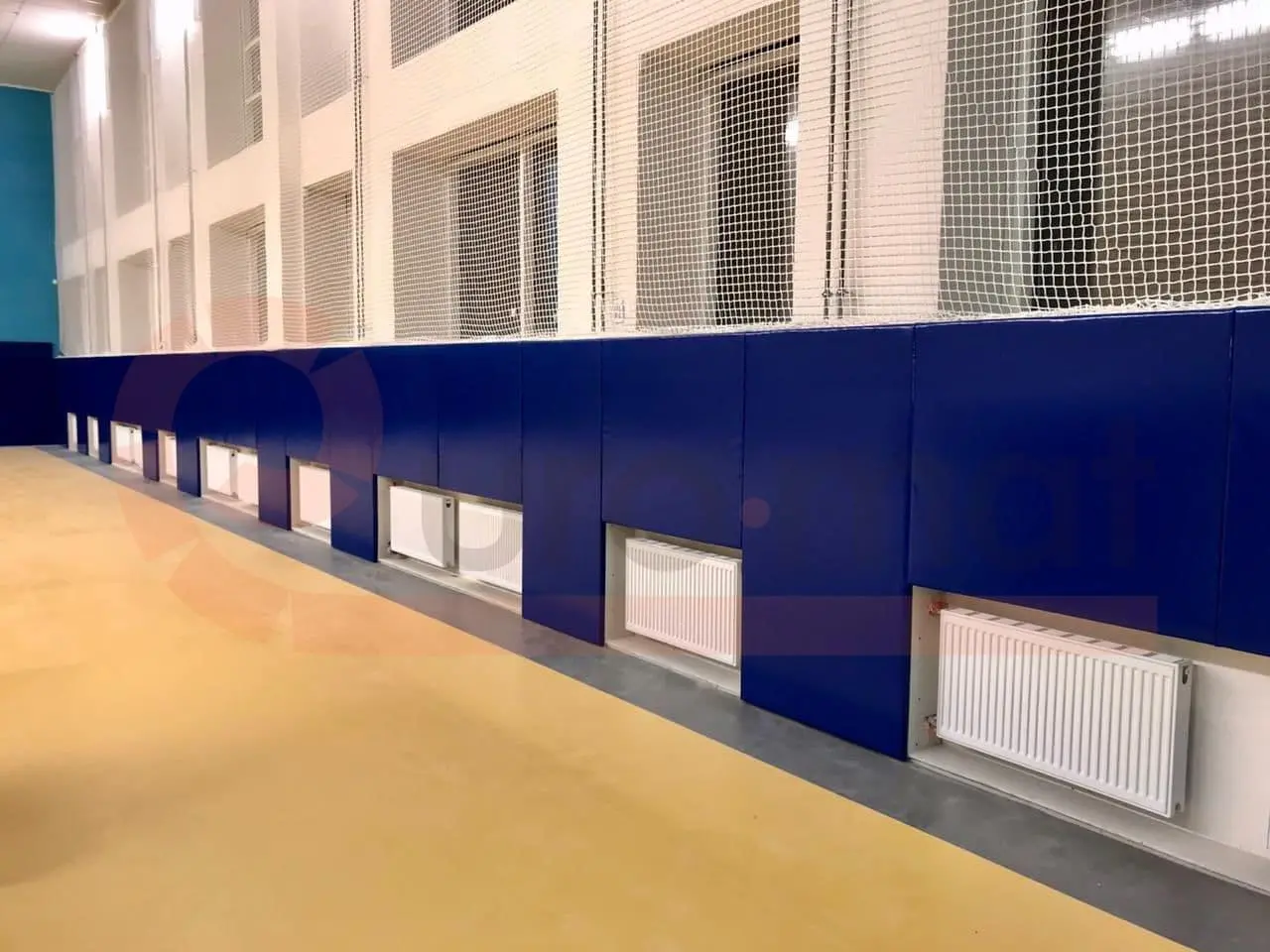 Синие стеновые протекторы с вырезами под радиаторы вдоль стены зала единоборств, защитные сетки на окнах