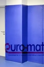 Синие стеновые протекторы крупным планом у двери в клубе FIT'N'FIGHT