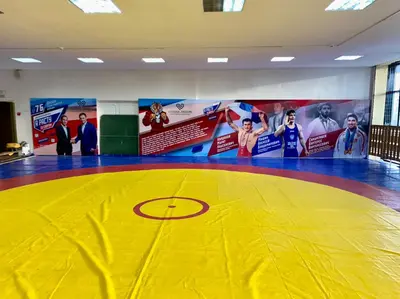 Желтый борцовский ковер, протекторы с чемпионами и надписью "Зал №76 Школа Греко-римской борьбы"