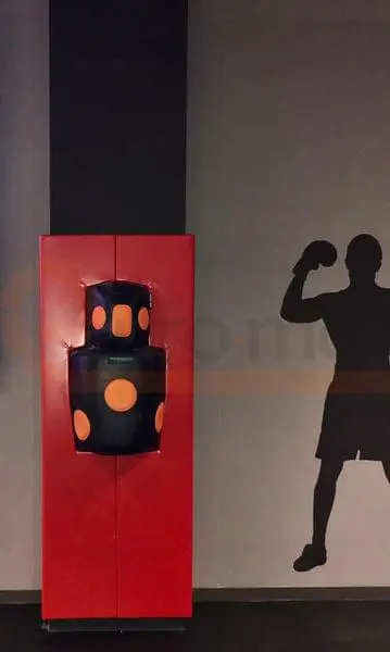 Красный стеновой протектор на колонне с ударной подушкой Totalbox и силуэтом боксёра на стене в Москве