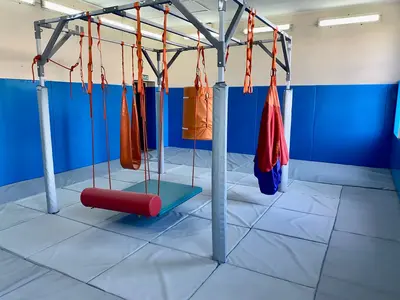 Синие стеновые протекторы и серые напольные маты в центре адаптивной физкультуры с подвесными качелями