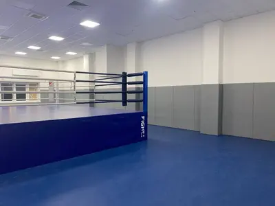 Боксерский ринг Fight Tech с серыми стеновыми протекторами и синим ролл-матом