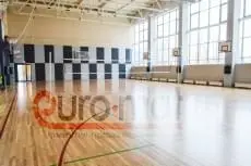 Стеновые протекторы серые и белые в шахматном порядке в школьном спортзале