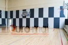 Крупный план стеновых протекторов в шахматном порядке под баскетбольными щитами