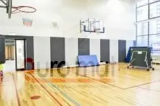 Стеновые протекторы серо-белые полосами с баскетбольными щитами в школьном зале