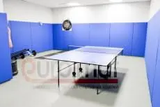 Синие стеновые протекторы по периметру комнаты с теннисным столом и дартсом