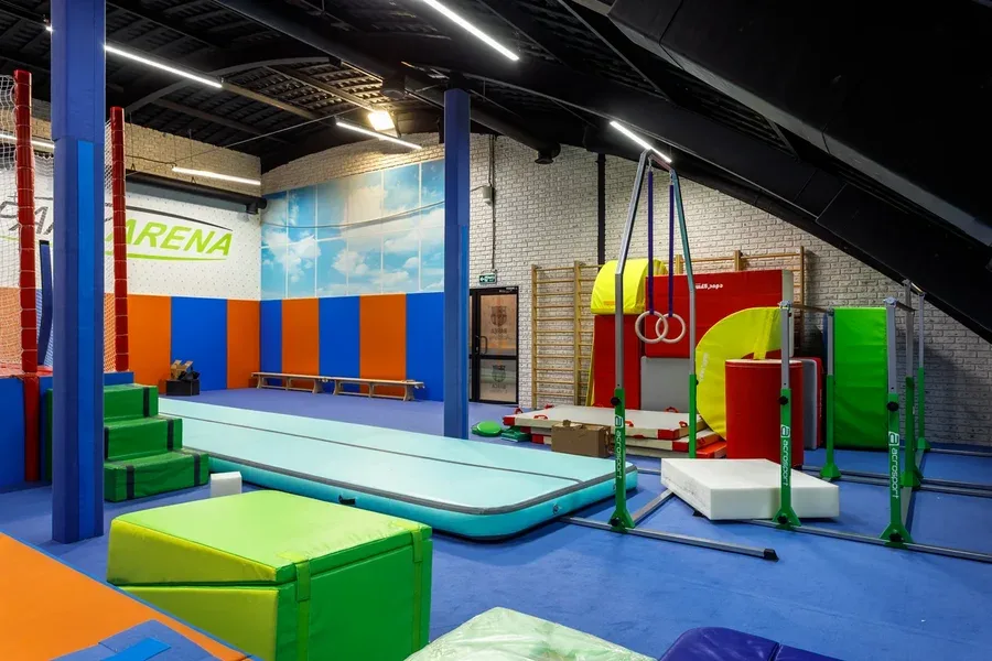 Кольца и брусья в зале Park Arena с защитой синими протекторами