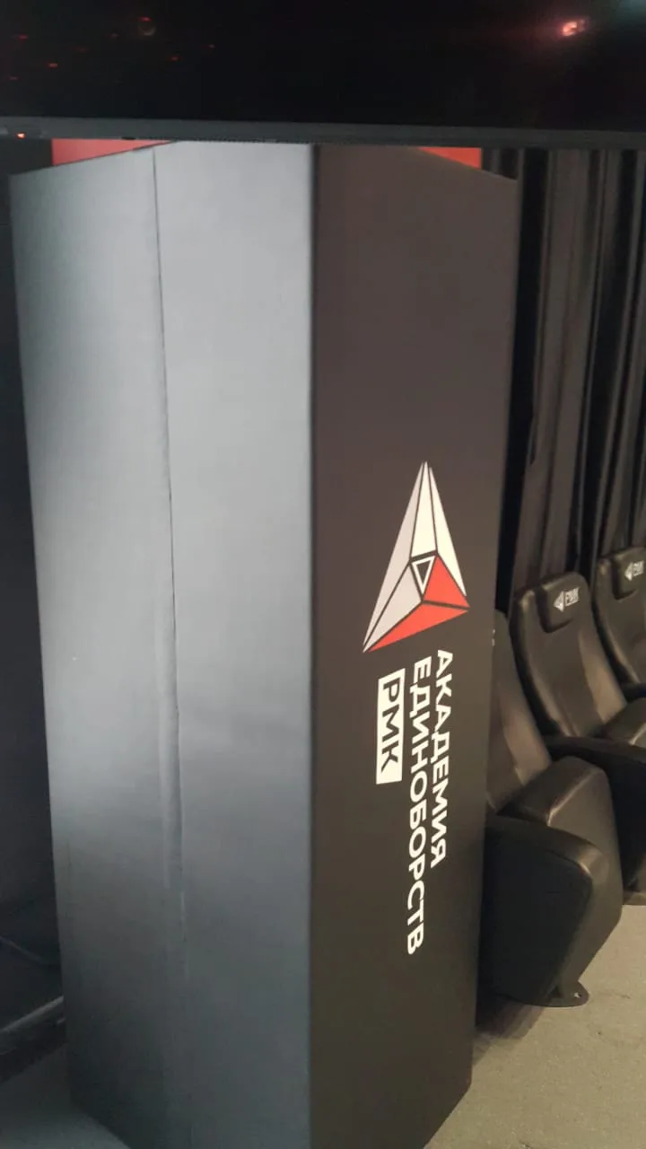 Серый протектор на колонну с логотипом Академии единоборств РМК рядом с зрительскими креслами