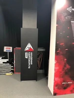 Протектор с логотипом РМК на колонне в зале академии единоборств, вид сбоку