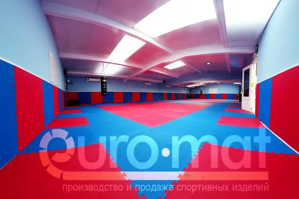 Сине-красные татами и стеновые протекторы в фитнес-центре с боксёрской грушей