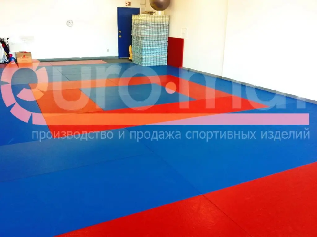 Сине-красные татами в домашнем спортзале со стопкой запасных матов