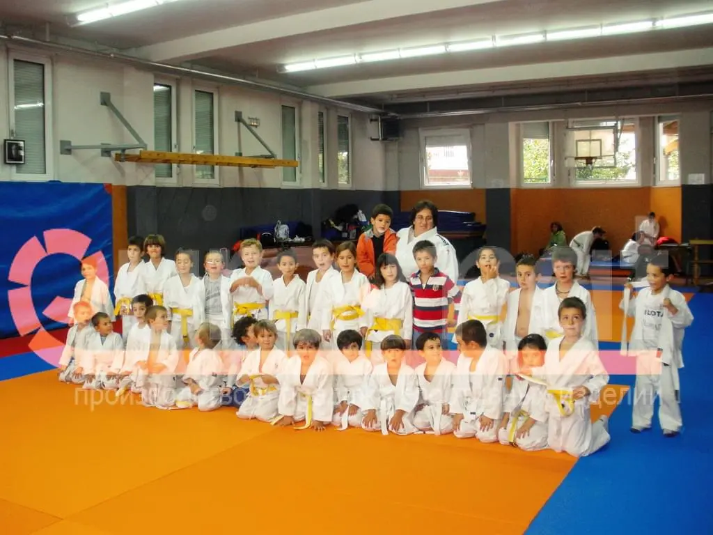 Группа детей в кимоно на оранжево-синих татами, ДЮСШ Московской области