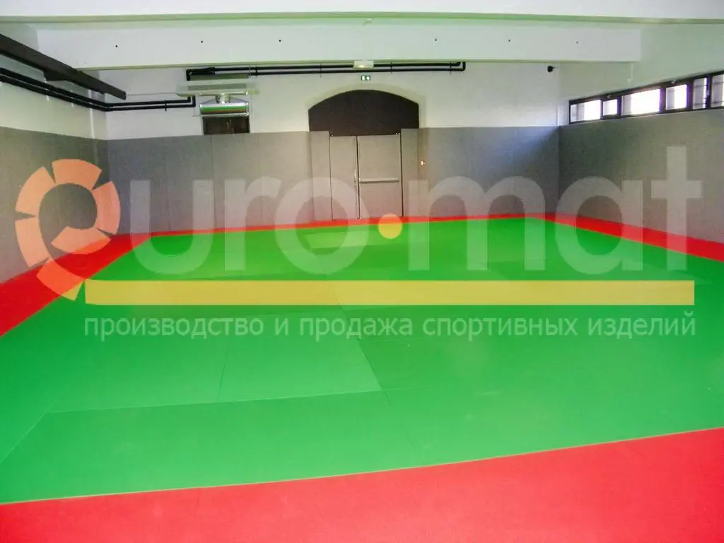 Зелёно-красные татами в зале для дзюдо с классической разметкой