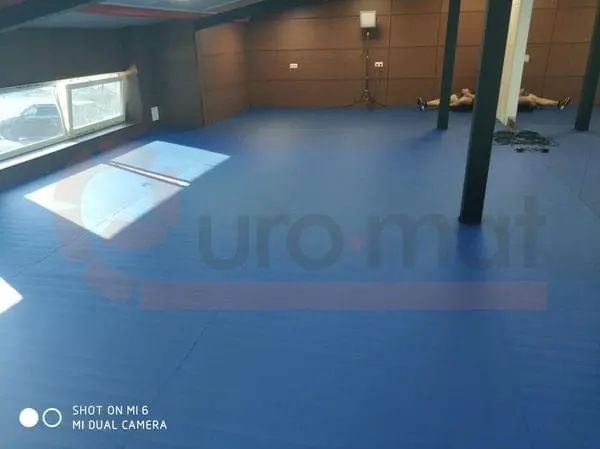 Синие татами на полу клуба боевых искусств в Москве, тёмные стены с деревянными панелями