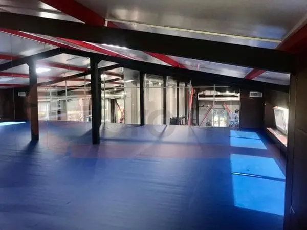 Синие татами в зале единоборств с зеркалами, чёрными стенами и красными потолочными балками