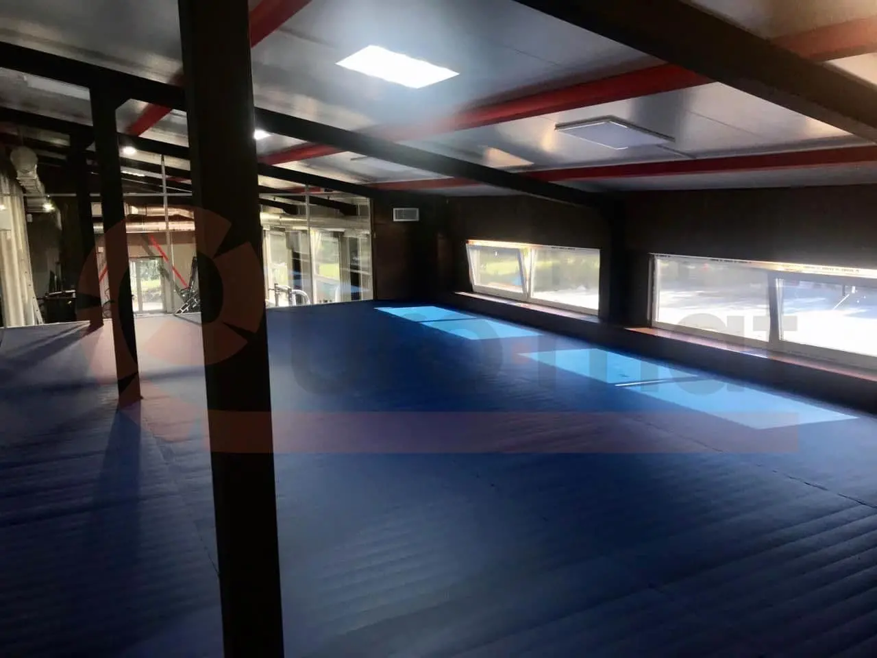 Синие татами в клубе боевых искусств с окнами и стеклянными перегородками, Москва