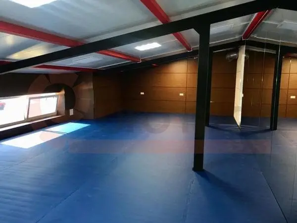 Синие татами в просторном зале с деревянными стеновыми панелями и стеклянной перегородкой