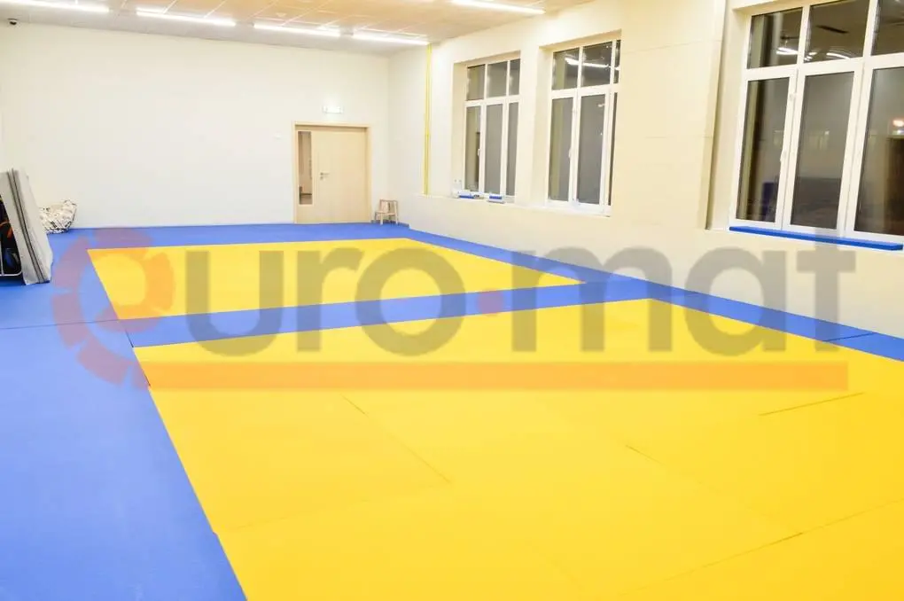 Жёлто-синие татами в зале дзюдо, вид сбоку с окнами и дверью