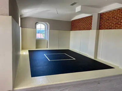 Чёрные и белые татами с разметкой и стеновые протекторы в частном зале единоборств