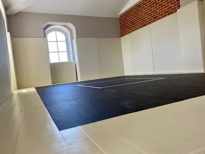 Чёрные татами с белой разметкой и белые протекторы у кирпичной стены в частном клубе