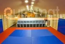 Зал единоборств с сине-оранжевыми татами, трибунами и стеновыми протекторами