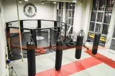 Вид сверху на клуб Северянин: красно-белые татами, октагон и груши