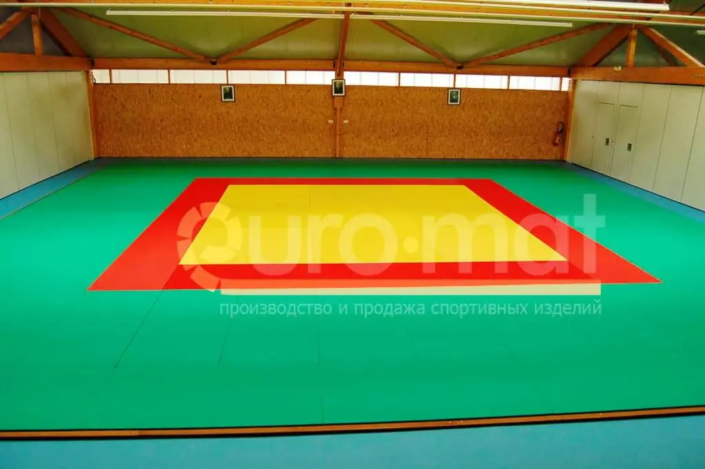 Зелёно-красно-жёлтые татами для дзюдо в спортзале Донецка с деревянным потолком