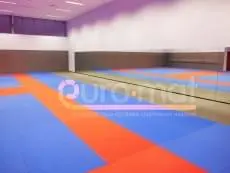 Сине-оранжевые татами в зале единоборств Ташкента, зеркала и стеновые протекторы