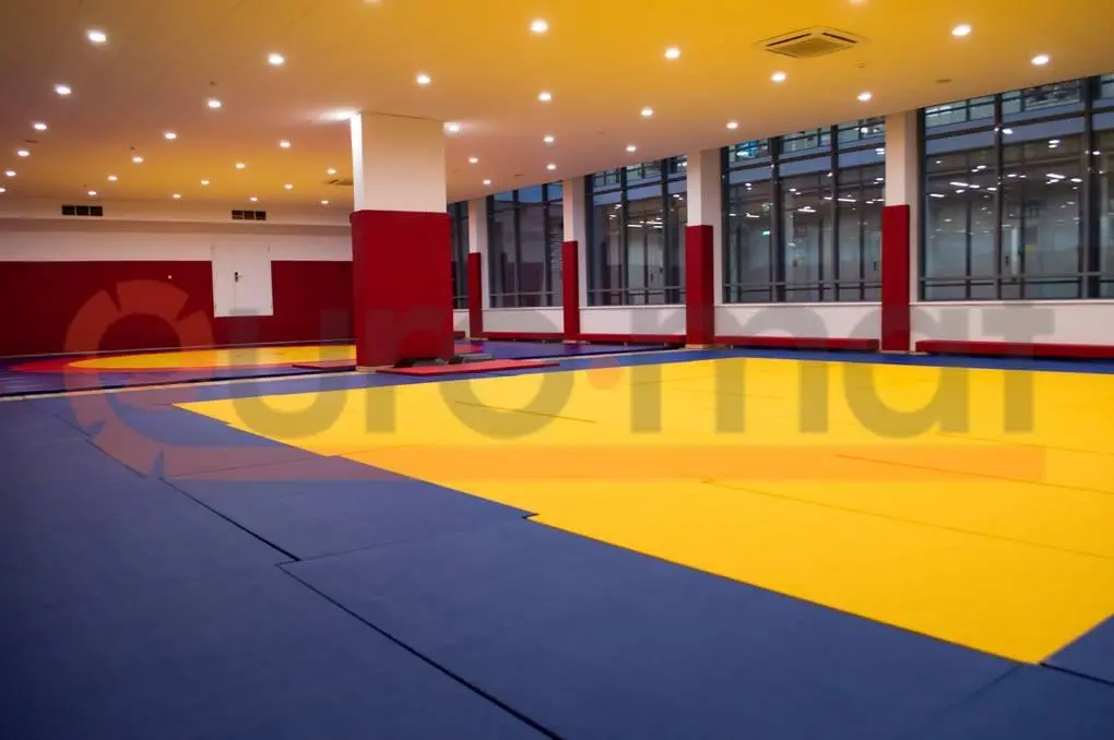 Сине-жёлтые татами и красные протекторы на стенах и колоннах в зале дзюдо