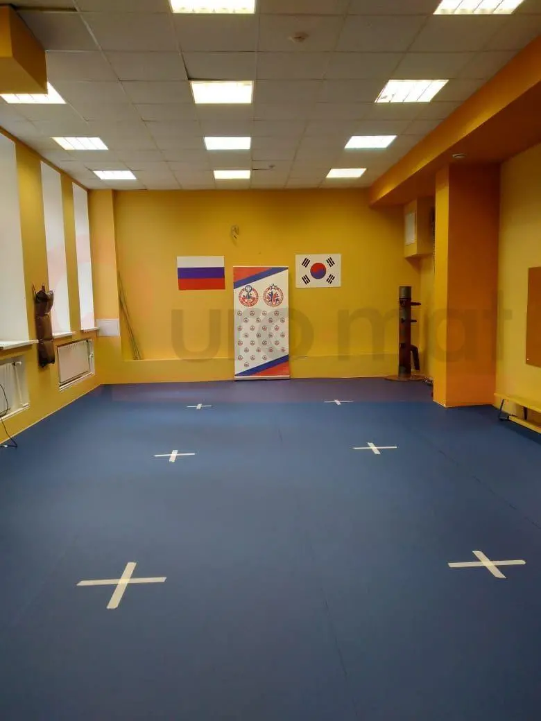Синие маты-татами с белыми крестами-разметкой в зале тхэквондо, флаги России и Кореи на стене