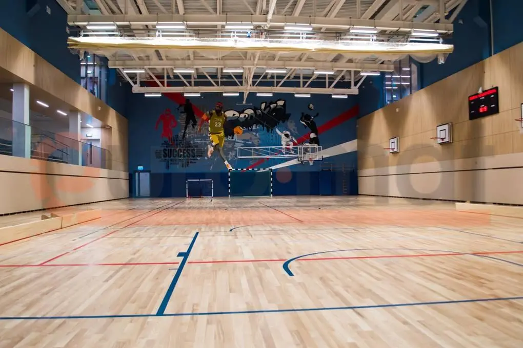 Линия бежевых стеновых протекторов вдоль стены спортивного зала